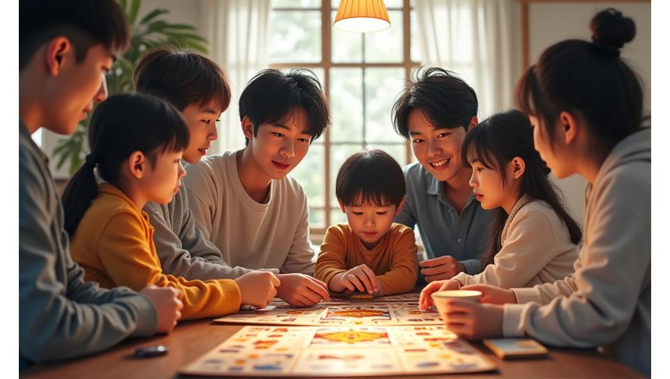 人々がボードゲームのルールブックを見ている図