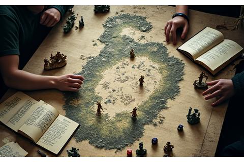 テーブルに広がる筆記具とサイコロとロールプレイングゲームのマップ